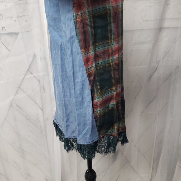 Logo Green Plaid Lace Chambray Modal Button Down Tunic Blouse Size 6 - Picture 5 of 13